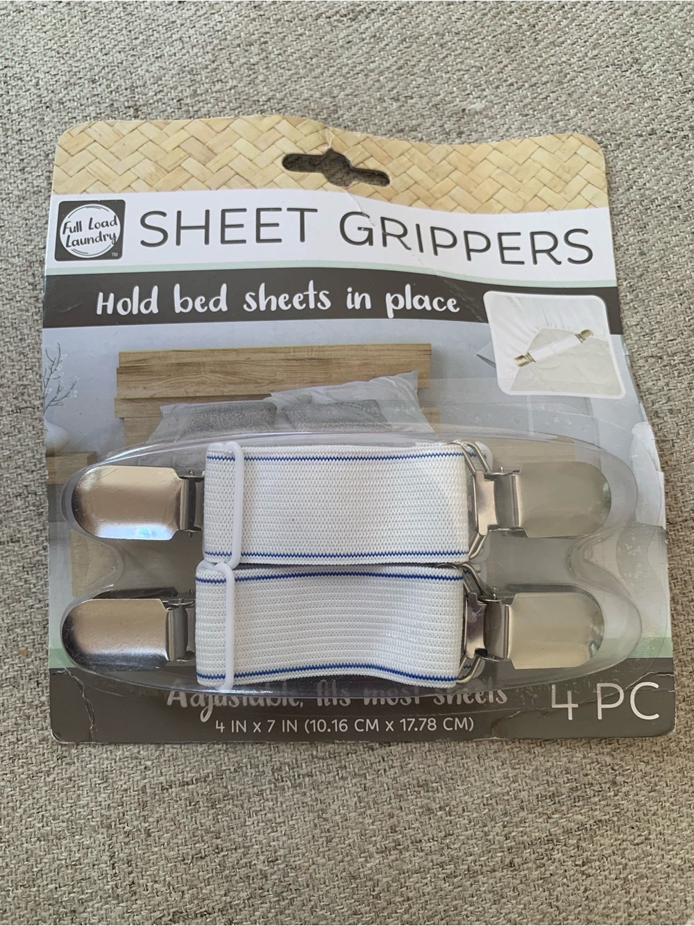 Full Load Laundry Adjustable Bed Sheet Grippers 4 Pack White Elastic Metal